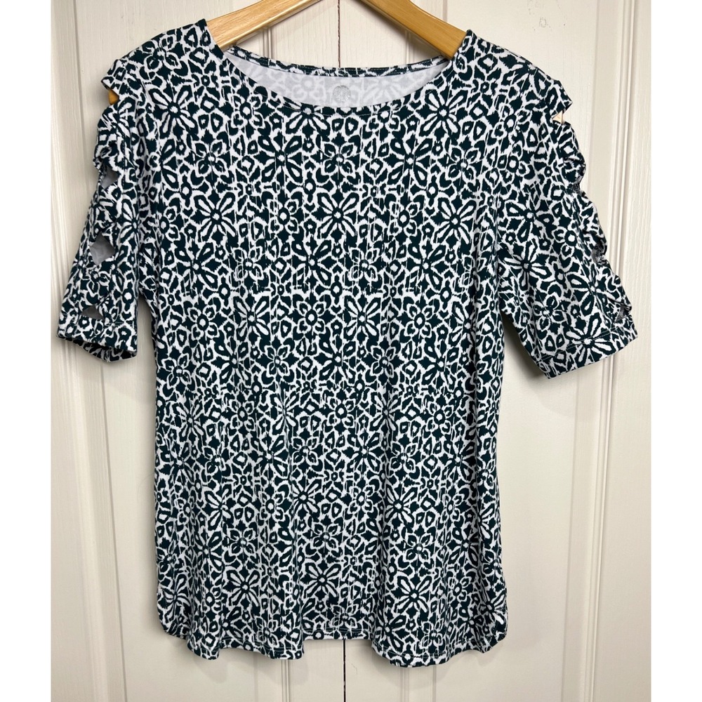 Ruby Rd Top Women S Green White Ikat‎ Geo Lattice Cold Shoulder Cotton Tee PB45